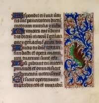 Hours leaf with a charming "grotesque", c.1465. Hours leaf with a charming "grotesque", c.1465.