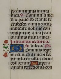 SOLD Tiny illuminated leaf from a medieval lady's Book of Hours. France, c.1475. SOLD Tiny illuminated leaf from a medieval lady's Book of Hours. France, c.1475.